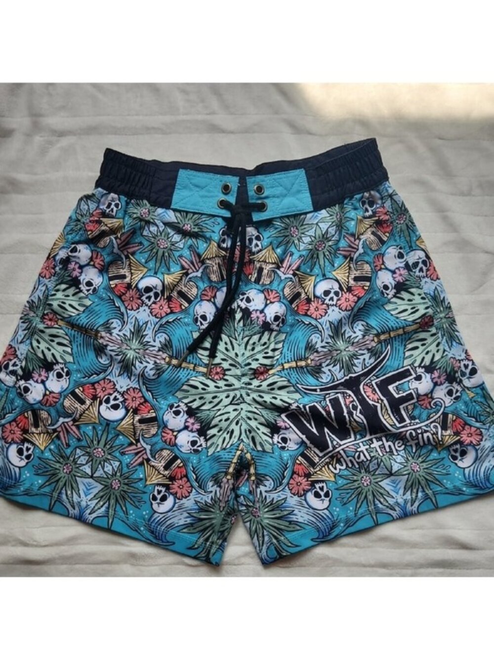 Men's What The FIN, Summer , Vacation, Beach, Pool, Blue Graphic Swim Shorts